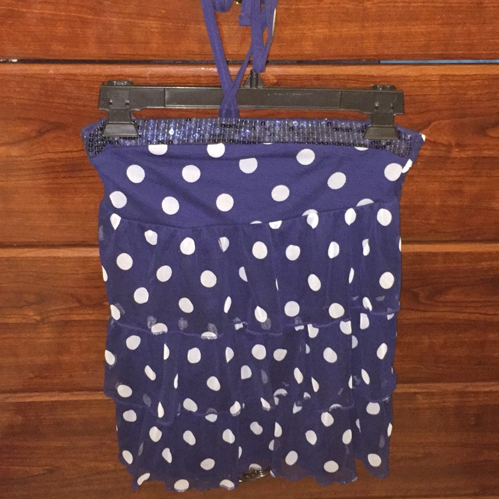 Blue polka dot halter top with sequins on top